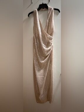 Zara Sequin Drape Midi Dress in Champagne